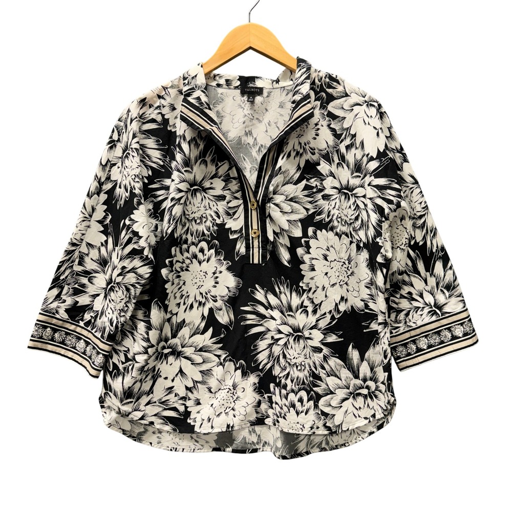 Talbots Black and White Floral Popover Blouse